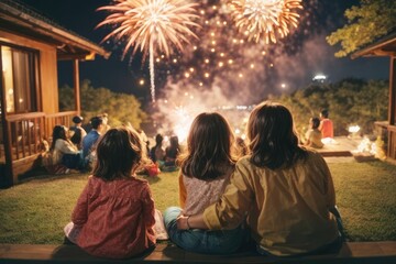 Fototapeta premium Family watching Fireworks in New Year Festival.
