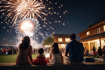 Family watching Fireworks in New Year Festival.