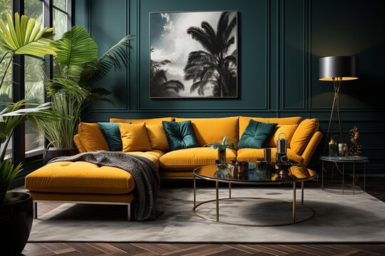 Art deco style home interior design of a modern living room with a yellow velvet corner sofa with colorful pillows against a dark classic panel wall, with a round golden coffee table against a window