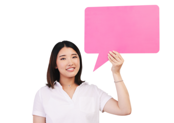 Isolated Japanese woman, speech bubble and portrait with smile for opinion by transparent png background. Girl, poster or paper board for feedback, quote or review with mockup space for social media