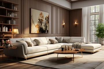 Art deco style interior design of modern living room with beige velvet corner tufted sofa in a room with wood paneling walls