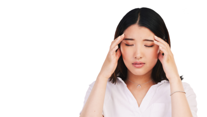 Asian, woman and headache as stress anxiety or tired migraine, isolated on transparent png background. Female person, hands or mental health or injury or unhappy face for temple pressure, mind or sad