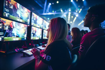 young woman competing in esports competition event at gaming conference