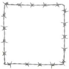 3D-rendered square frame created from a single line of barbed wire fence, PNG format, transparent background.