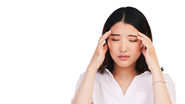 Asian, woman and headache as stress anxiety or tired migraine, isolated on transparent png background. Female person, hands or mental health or injury or unhappy face for temple pressure, mind or sad - Powered by Adobe