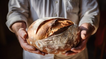 Homemade sourdough bread in men's hands, snacks for various festivals