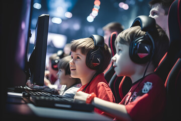 two young children competing at esports competition event at gaming conference