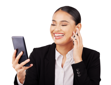 Smile, phone and earphones of a business woman isolated on a transparent PNG background. Female person or employee in video call on mobile smartphone for communication, virtual meeting or networking - Powered by Adobe
