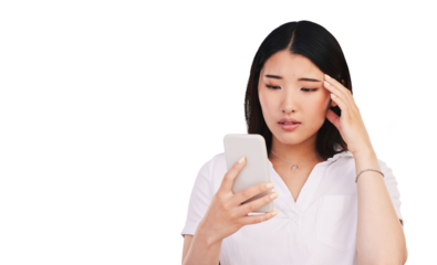 Search, smartphone or stress for technology with woman, reading notification or worry for networking. Social media, mobile app or frustrated in asian person or isolated on transparent png background