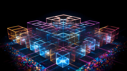 A holographic lattice structure with floating geometric shapes that defy physics, glowing with inner light