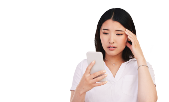 Search, smartphone or stress for technology with woman, reading notification or worry for networking. Social media, mobile app or frustrated in asian person or isolated on transparent png background