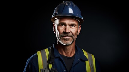  portrait of construction manager looking to camera, smiling, dark blue background