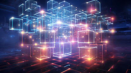 Obraz premium A holographic lattice structure with floating geometric shapes that defy physics, glowing with inner light