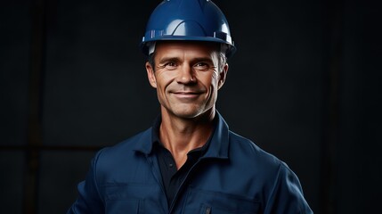Fototapeta premium portrait of construction manager looking to camera, smiling, dark blue background