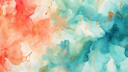 Fototapeta premium Teal and Coral Abstract Pattern with Watercolor Splatters