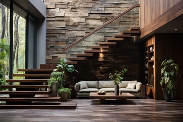 Fototapeta na wymiar Cozy home interior design of modern entrance hall with a wooden staircase and stone cladding wall