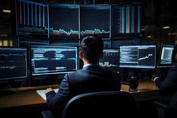Financial analysts or businessman and traders working on a computers with multi-monitor workstations