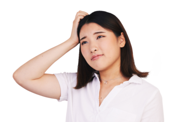 Thinking, woman and scratch head for problem solving, idea and brainstorming for solution or decision. Japanese model, emoji and contemplating with choice and isolated on transparent png background