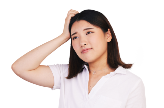 Thinking, woman and scratch head for problem solving, idea and brainstorming for solution or decision. Japanese model, emoji and contemplating with choice and isolated on transparent png background