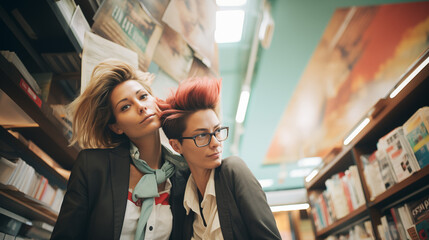 Lesbian Couple Exploring Bookstore Together - obrazy, fototapety, plakaty