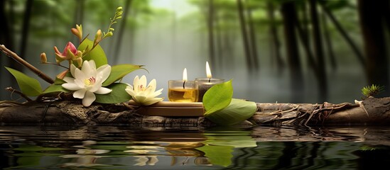 In the serene spa surrounded by the beautiful background of lush nature and fragrant flowers the woodsy scent of the Asian inspired perfume filled the air creating a relaxing atmosphere perf