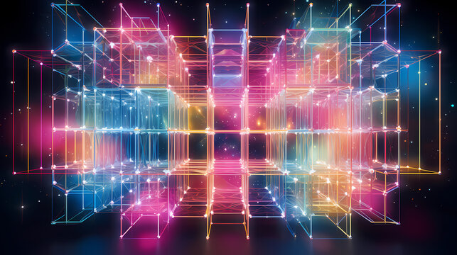 A holographic lattice structure with floating geometric shapes that defy physics, glowing with inner light