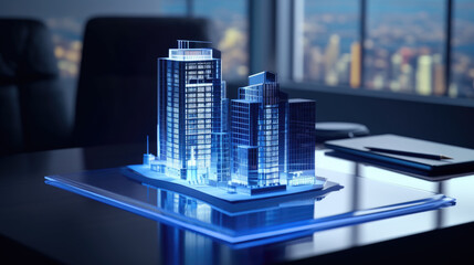 concept holo blue 3d render miniature model maquette of small skyscraper building on table in real estate agency. signing mortgage contract document demonstrating. futuristic business. - obrazy, fototapety, plakaty