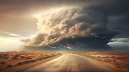 Dramatic storm clouds over a desert road with vivid lightning strikes.