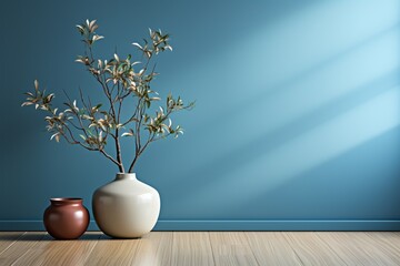 Empty room interior background with a blue wall, a pot with a plant, and wooden flooring