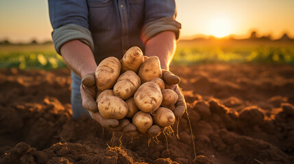 Farmer holding fresh harvested potatoes on field at sunset, closeup.  - obrazy, fototapety, plakaty
