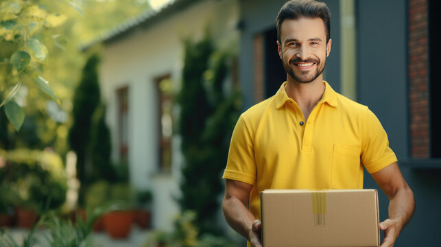deliver man in yellow uniform holding box standing in front of customer home,express food delivery and shopping online concept.