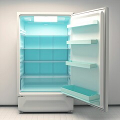 3D rendering of an open white fridge with a light blue light inside