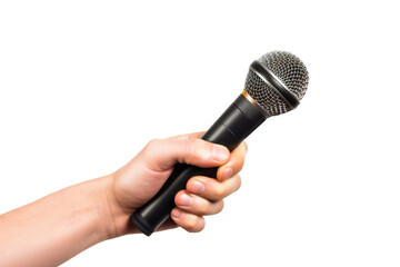 Hand holding microphone isolated on transparent background.