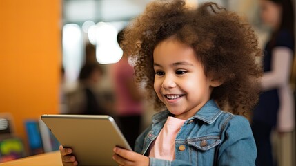 A young child is holding a tablet, looking at a tablet, playing a game, watching cartoons - Powered by Adobe