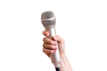 Hand holding microphone isolated on transparent background.