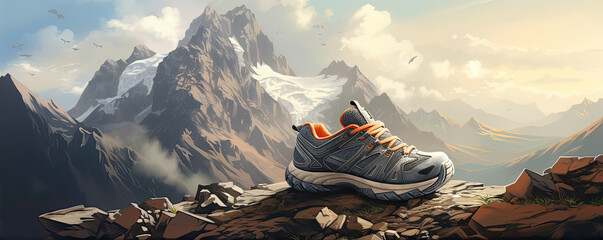 Hiking boot in Hiking boot in mountains background. - obrazy, fototapety, plakaty