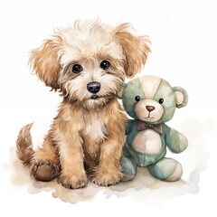 Cute little maltipoo puppy with teddy bear toy in watercolor technique on a white background.