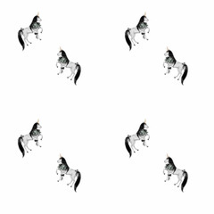 Watercolor pattern with white unicorn in vintage style. Retro horse with a collar from the magical world. Cute pony for printing on children's textiles and wallpaper.