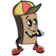 vintage mascot pair of wafer chocolate characters with funny faces wearing casual baseball caps walking in cool style, isolated cartoon vector illustration. emoticon, cute vintage wafer mascot