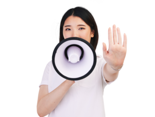 Portrait, ,megaphone and stop with the palm of an asian woman isolated on transparent background. Communication, hand gesture or rejection with a young person talking through a speaker on PNG