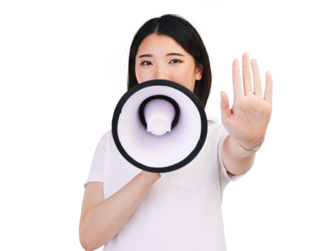 Portrait, ,megaphone and stop with the palm of an asian woman isolated on transparent background. Communication, hand gesture or rejection with a young person talking through a speaker on PNG