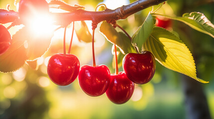 A bunch of cherries hanging on cherry tree - ai generative