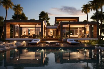 Exterior of an amazing modern minimalist cubic villa with a large swimming pool among palm trees - obrazy, fototapety, plakaty