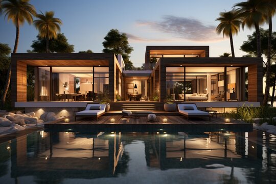Exterior of an amazing modern minimalist cubic villa with a large swimming pool among palm trees