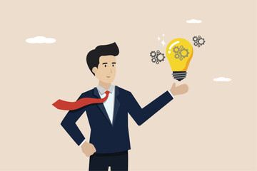 The concept of a new idea, having a brilliant idea for a company, the concept of a new idea for a business, a smart entrepreneur with a big idea that lights up.
