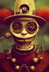 AI generated illustration of a spooky steampunk clown with a weird hat