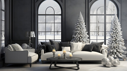 Loft style apartment, large spacious living room with Christmas tree. Comfortable sofa, high large windows.
