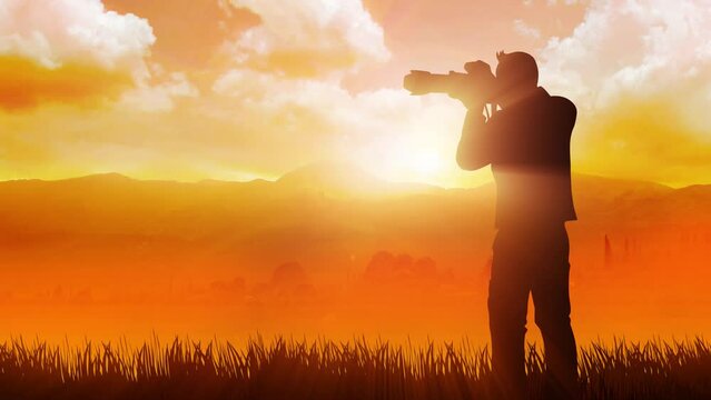 Silhouette of a photographer taking picture of beautiful landscape during sunset, motion graphics