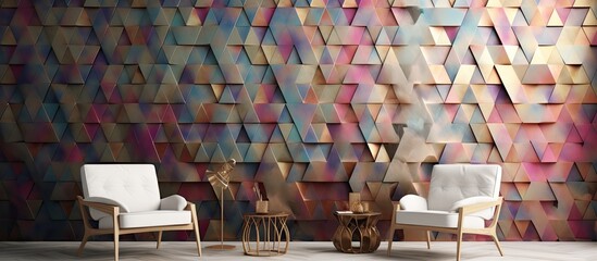 The abstract pattern on the wall creates a mesmerizing texture adding depth and dimension to the background of the space The intricate design takes inspiration from fashion art and light re