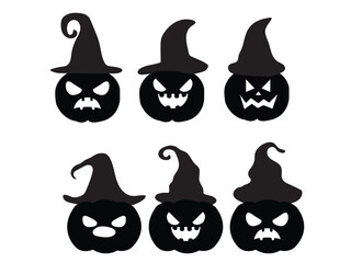 Halloween pumpkin icon set in black  colors. Simple pumpkin vector line drawing in filled and outlined style